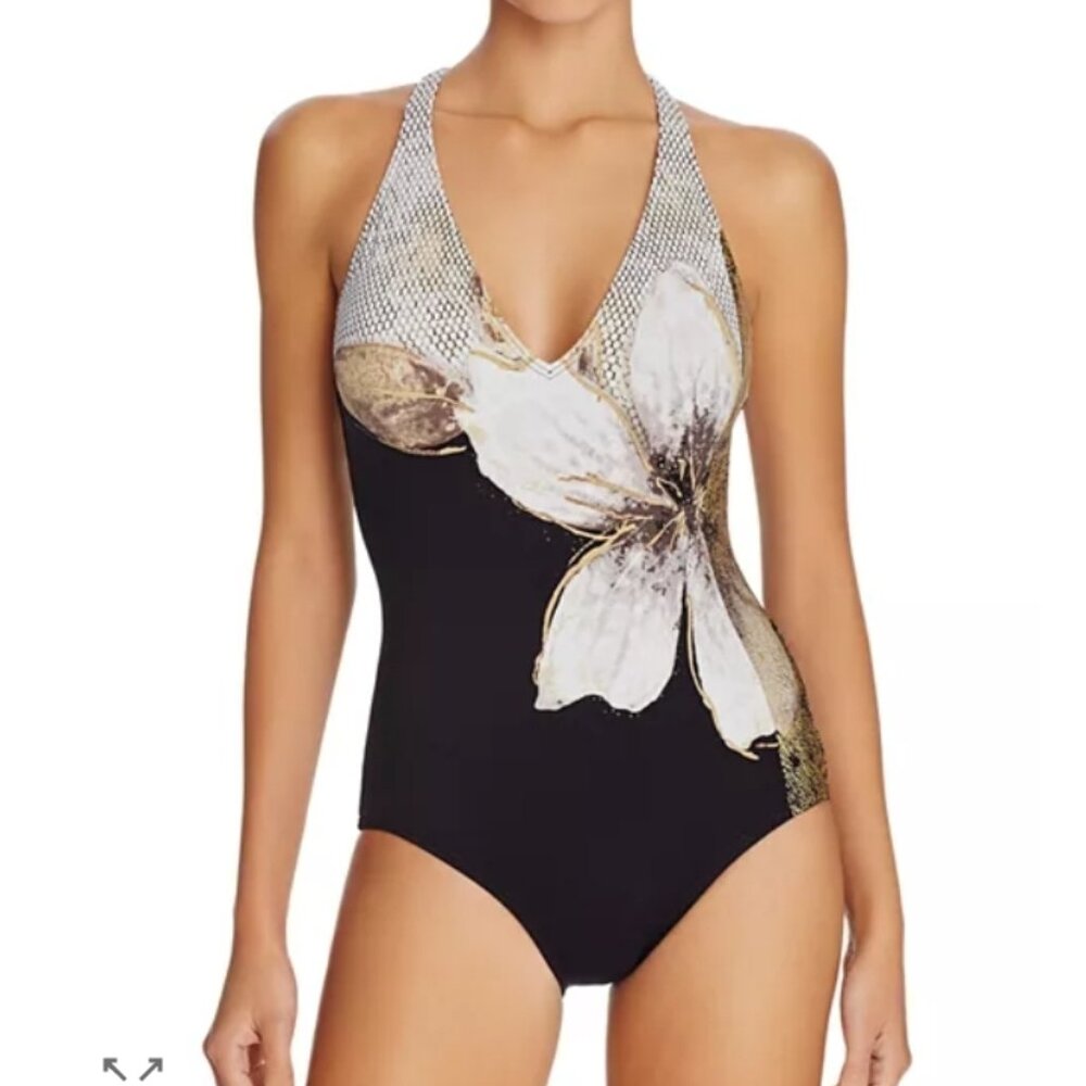 Carmen Marc Valvo Gilded Garden V-Neck One Piece Swimsuit Size 16